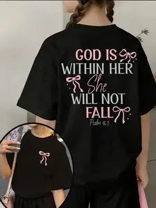 Girls' "God is Within Her" Faith T-shirt, Psalm 46:5, Pink Bow Print on Front and Back, Short Sleeve Top, Summer Wear
