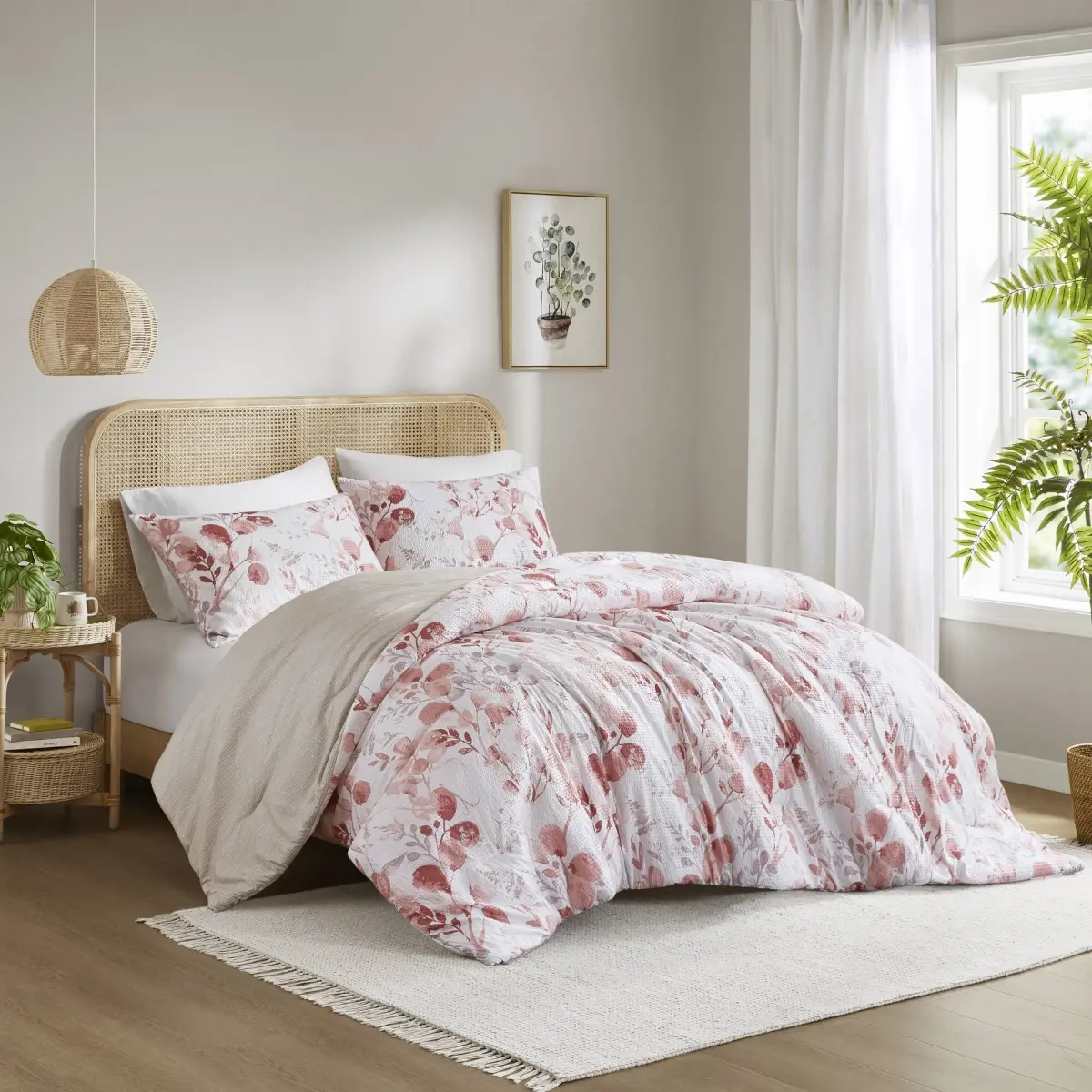 Regency Heights RH10-0024 King-Sized Reversible Floral Botanical Seersucker Comforter Set - Pink, 360-Degree Stand, Farmhouse Vibe, Breathable Quilt Set for King Size Bed, Floral Bedding