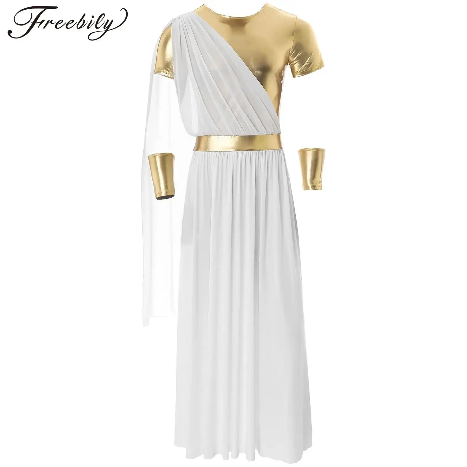 Men Halloween Ancient Greek Zeus God Cosplay Costume Roman Toga Short Sleeve Robe with Cuff Theme Party Priest Role Play Clothes