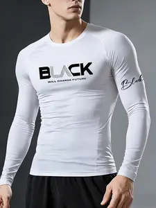 Men's Letter Print Tight-Fitting Long Sleeve Gym Top, High Stretch Quick Dry Shoulder Insert Design, Casual Running Sports Compression Shirt