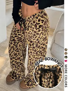 Women's Plush Leopard Print Straight Leg Pants Loungewear, Pajama, Homewear, Comfortable Soft Fabric, Adjustable Drawstring, Ideal for Home, Outdoor, Shopping, Sleepwear, Style, Pjs