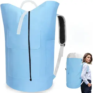Laundry Bag Backpack, 125L  Travel with  Straps, Adjustable & Extendable Design, Laundry Hamper Bag with 3 Pockets for Laundromat, College, Travel, Camping (Light Blue)