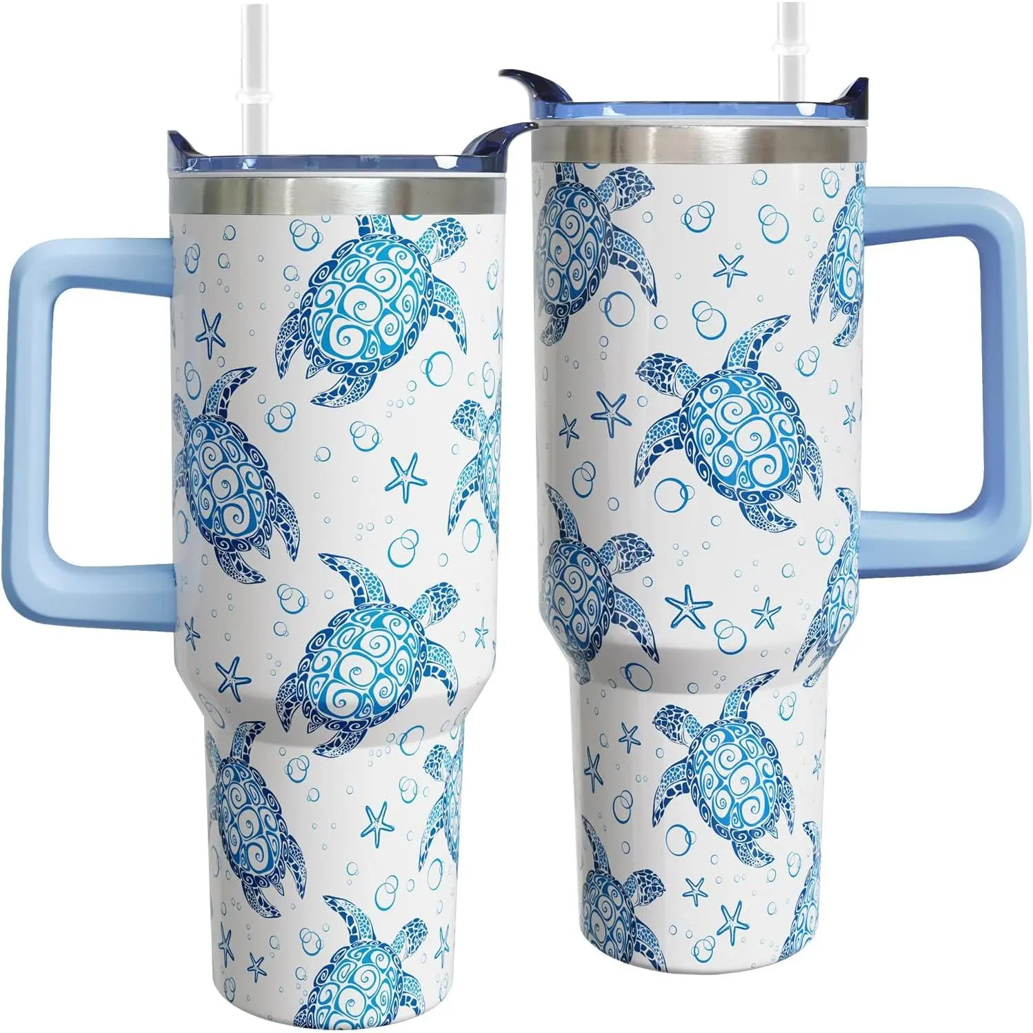 Women's Cute Look 40oz Insulated Stainless Steel Vacuum Flask Set - Portable Reusable Tumbler with Handle, Lid, Straw, PA Plastic-Free Kitchen Drinkware Gift (Blue White)