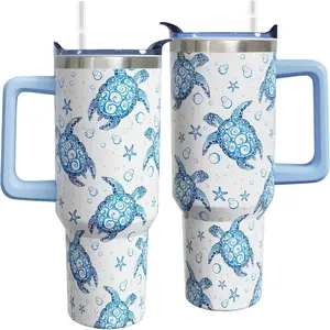 40 oz Insulated Stainless Steel Sea Turtle Vacuum Flask Set - Portable Reusable Tumbler with Insulation, Handle, Lid, Straw, Plastic-Free Cute Gift for Women (Blue White),summervibes