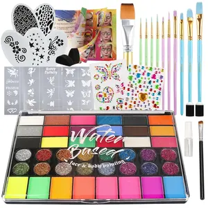 42 Color Face Painting Kit for Party - Non Toxic Water Activated Face Paint Palette With Stencils, Brush, Gems. For Carnival, Halloween, Costume Makeup and Festivals & Events