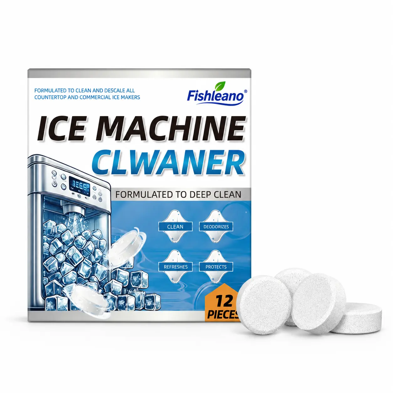 12-Count Deep Descaling Cleaner Tablets for Countertop & Commercial Standalone Ice Makers, Removes Limescale, Mineral Buildup & Bad Odors, Safe for Appliance Maintenance