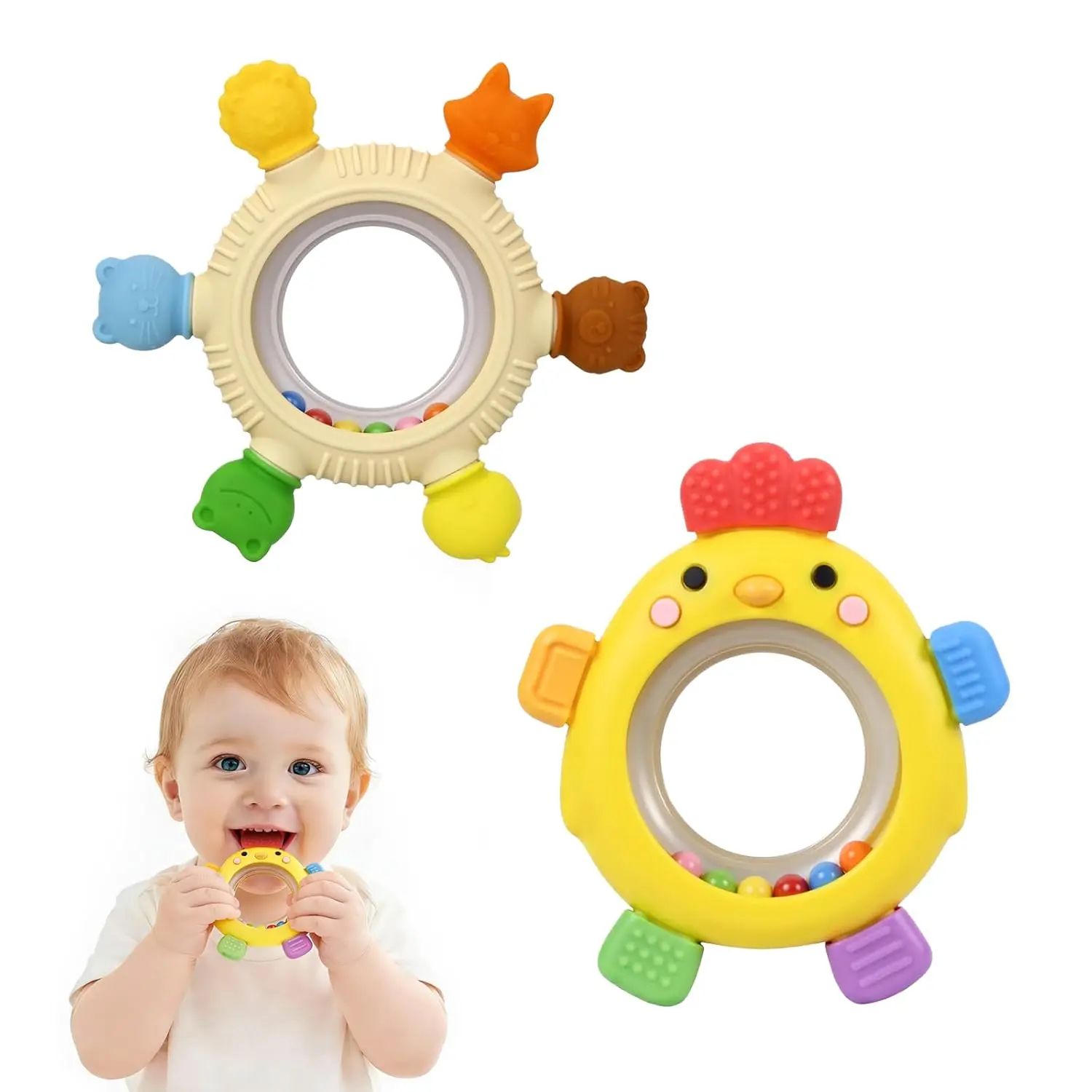 2 Pack Sensory Toys for Babies,Baby Teething Rings Toys for 0-6 6-12 Months Baby Rattle Teether Silicone Teether Relief Chew Soothing,BPA Free,Sore Gums Babys Teethers Toys