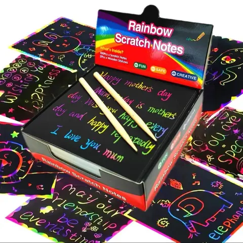 Rainbow Magic Scratch Cards, DIY Card Set, Diy Craft Supplies, 100pcs DIY Scratch Cards for Kids' Handicrafts, Creative Note Cards with 2 Wooden Pens, Entertainment, Stocking Filler, Party Games and Creative Gift Cards, Art Crafting Kit