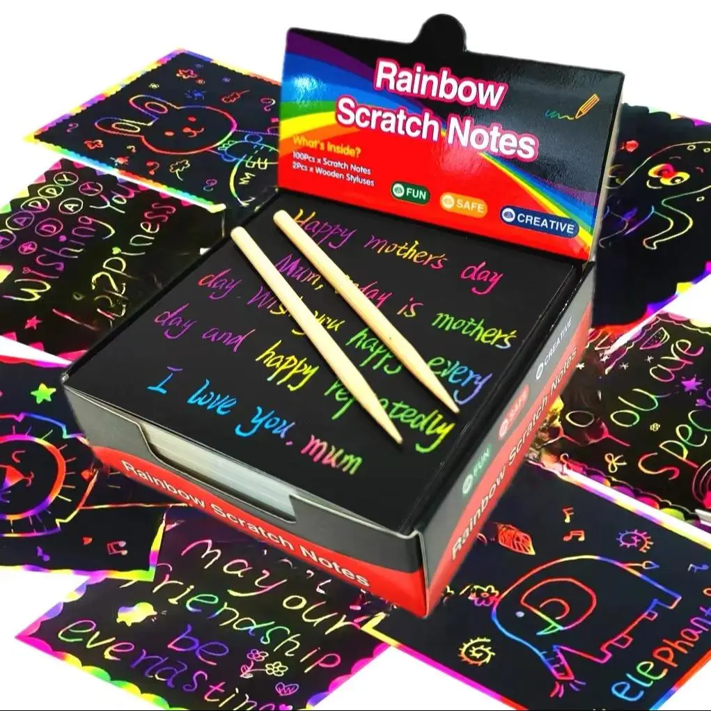 Rainbow Magic Scratch Cards, 100pcs DIY Scratch Cards for Kids' Handicrafts, Creative Note Cards with 2 Wooden Pens, Suitable for Little Stocking Fill