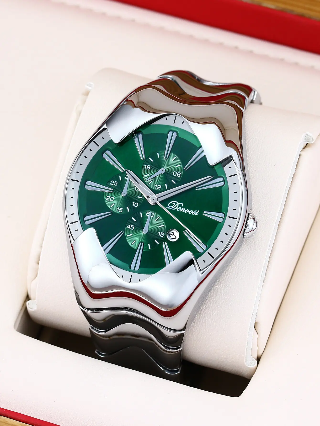 Unique Ripple Curved Metal Band Mens Quartz Watch, Luxury Multi-Function Chrono Casual Formal Wristwatch