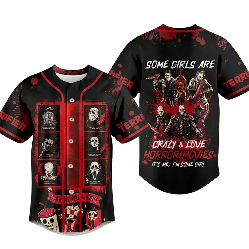Vintage Horror Movie Baseball Jersey, Retro Slasher Character Button Up Shirt, Halloween Fan Gift