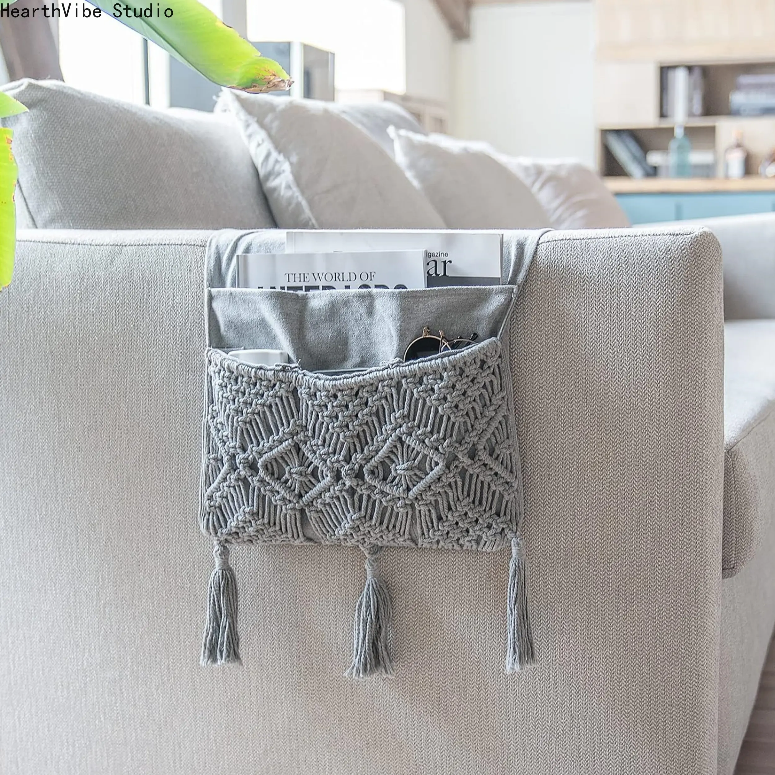 1pc Sofa Armrest Storage Bag, Macrame Storage Bag for Remote Control, Phone, Books, Bedside Storage Bag