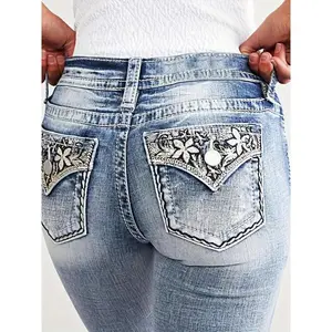Embroidered Washable Fashion High Waist Slim Stretch Women's Comfortable Fabric Jeans