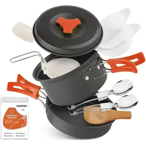 12 PCS Lightweight Camping Cookware Set – Non-Stick Pots, Pans & Utensils  Backpacking, Hiking & Outdoor Cooking – Compact Mess Kit  2-3 People (Orange, Aluminum)