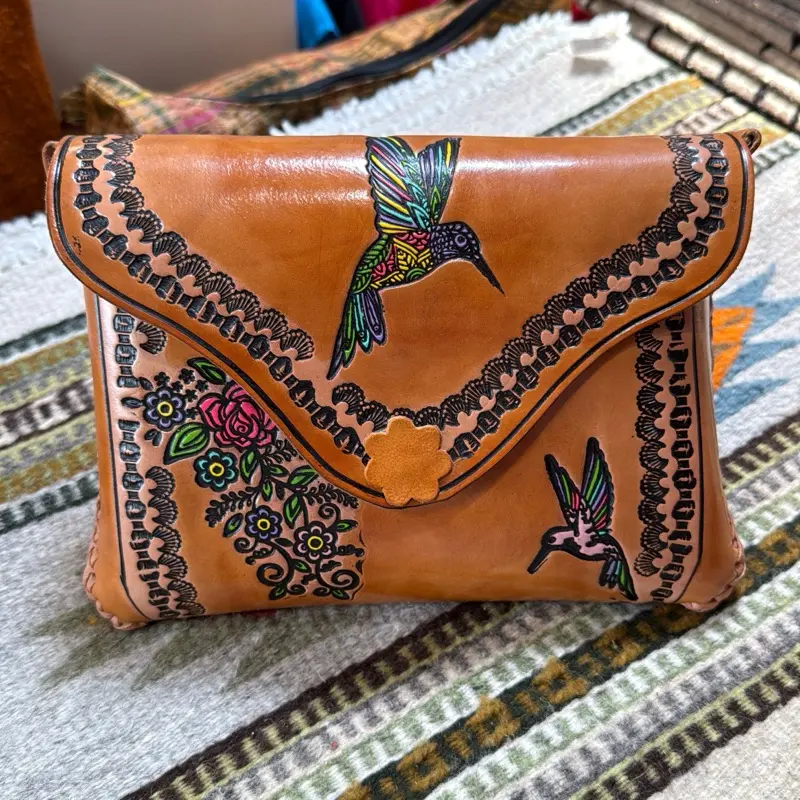 Hummingbird Crossbody Bag with Flowers Featuring Vibrant flower designs. Handmade in Mexico