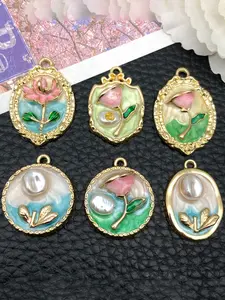 6pcs Elegant Imitation Pearl Rose Floral Enamel Pendants, Lily Orchid Alloy Charms for Necklace Earrings Keychains Accessories, Flower Pendant