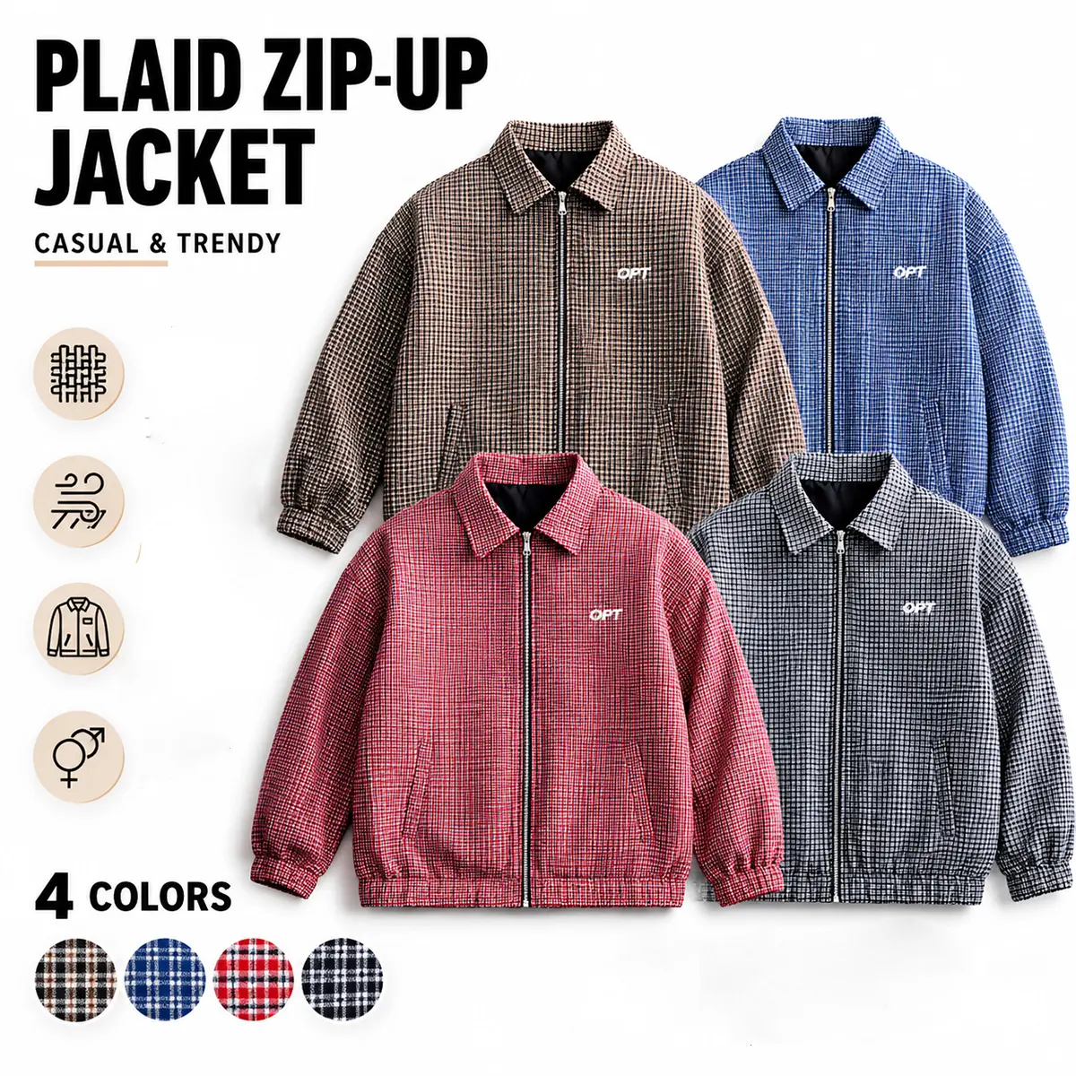 High-street vintage plaid jacket with notched lapel, loose casual embroidered zip outerwear, unisex versatile top Menswear Coats Chainsaw
