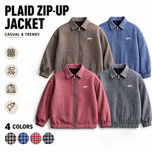 High-street vintage plaid jacket with notched lapel, loose casual embroidered zip outerwear, unisex versatile top Menswear Coats Chainsaw