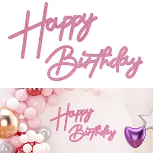 Pink Felt Happy Birthday Banner Reusable Strong Adhesive Sign for Party Backdrop Decoration Set