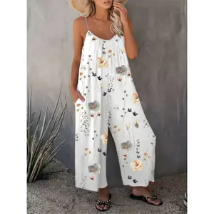 Comfortable Loose Jumpsuit U Neck Ruched Fit Sleeveless Floral Pocket Design Perfect Vacation Selection Precise Tailoring Casual Summer Beach Holiday Travel Resort Outfit Women'S Romper Jumpsuit With Pockets Flowy Beach Cover Up Summer Clothes 2026