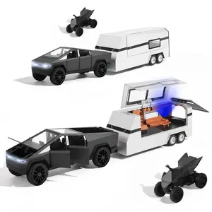 Alloy Diecast RV Truck with Mars Pickup Trailer Toy, Pull Back Car Model with Sound & Lights, Metal Camper Trailer Vehicle for Boys Kids, Realistic Truck Toy Gift for Kids & Adults (Black Silver)