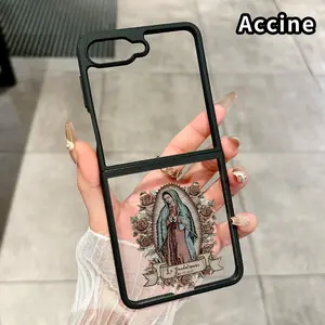 Virgin Mary Pattern Phone Case for Z Flip 7/6/5/4 Silicone TPU Folding Phone Case with Central Axis Protection and Full Lens Coverage