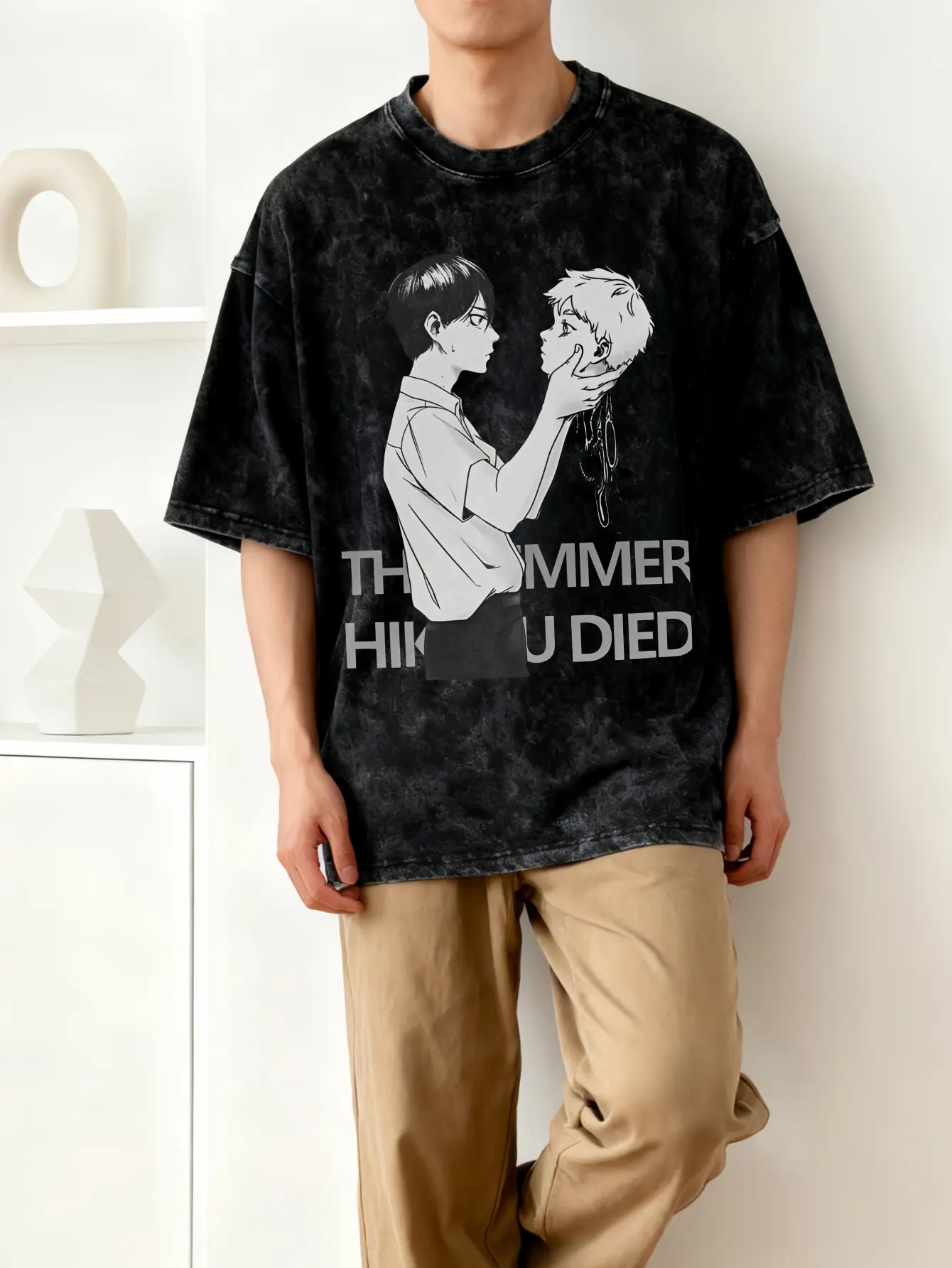 Unisex Cotton Retro Washed Oversized Round Neck Short Sleeve Distressed Tee - Ripped The Summer Hikaru Died Graphic Print, Menswear Casual Streetwear Sports Top, Holiday Outdoor Activity Wear