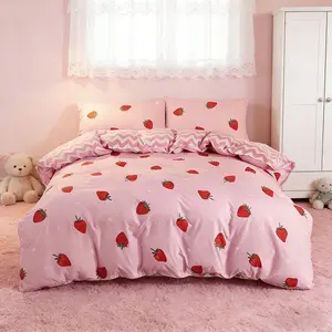 Cute Strawberry Fruit Pattern Bedding Set, 3 Piece Includes Duvet Cover + Pillowcases No Insert , Soft Comfortable Fabric, Girls Bedroom Decor