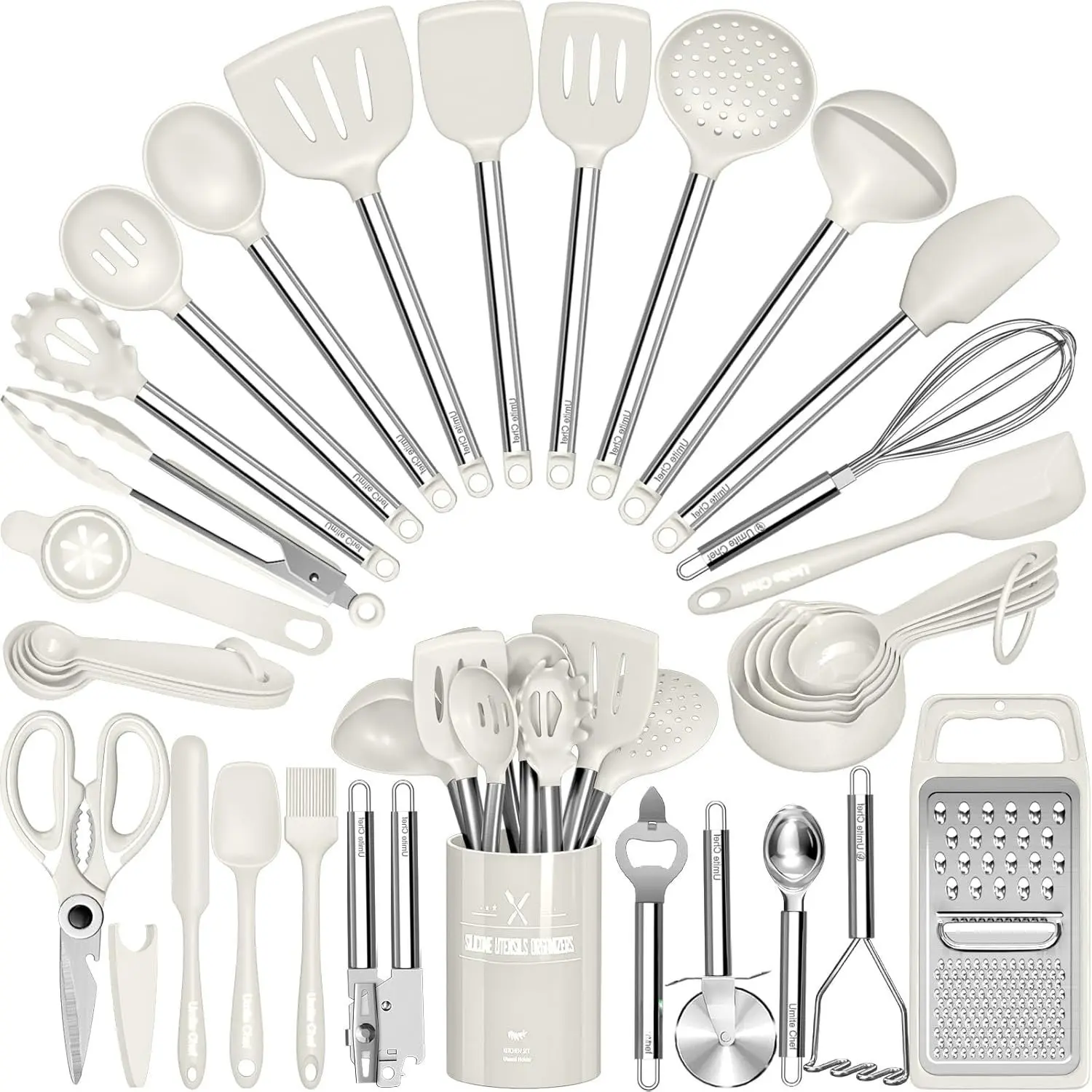 Kitchen Utensils Set- 34 count  Cooking Utensils Set for Nonstick Cookware- Spatulas Set, Stainless Steel Handle-White Kitchen Gadgets Tools, Pots and Pans Accessories