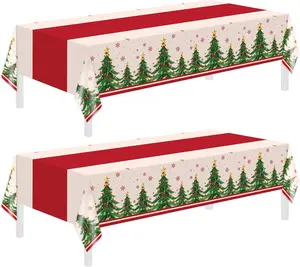 Christmas Disposable Tablecloths, 2 Pack Plastic Table Covers for Rectangle Tables 54 x 108 Inch, Tree Tablecloth Decorations for Party Supplies, Home, Indoor, Outdoor