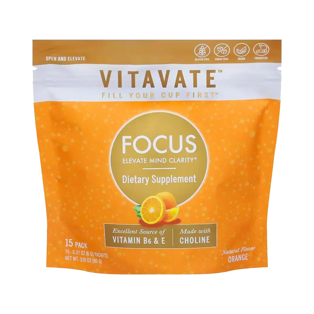 VITAVATE Focus | Natural Prebiotic Drink Mix - 15 Single-Serve Drink Mix Packs with Vitamins A, E, B6, Choline & Organic Agave Inulin for Mental Clarity & Focus