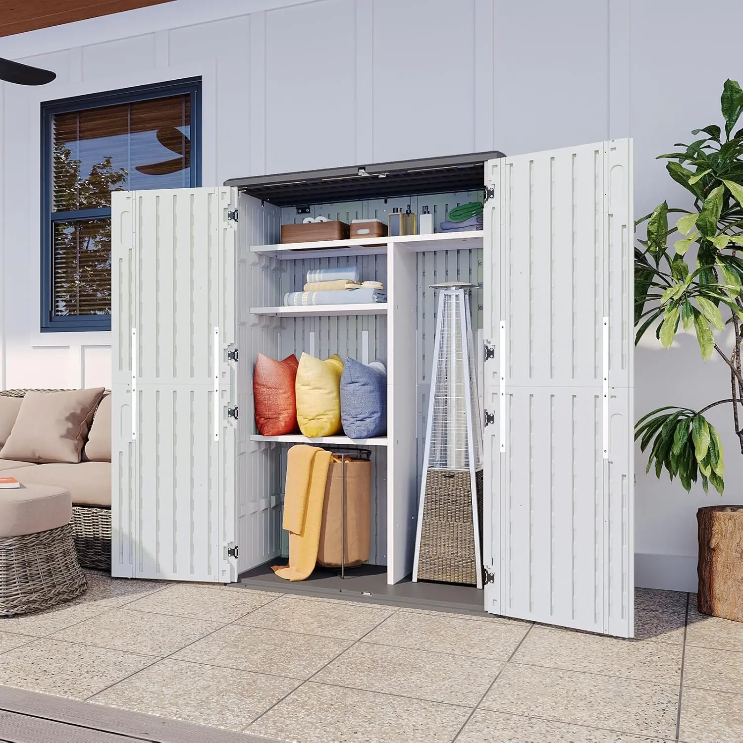Aoxun White Resin Outdoor Storage Shed Cabinet - 64 Cu.Ft Vertical Waterproof Unit with 2 Shelves & Floor, Large Plastic Resin Secure Storage Cabinet for Garage, Garden Tools, Large Cabinets, Plastic Shed Cabinets