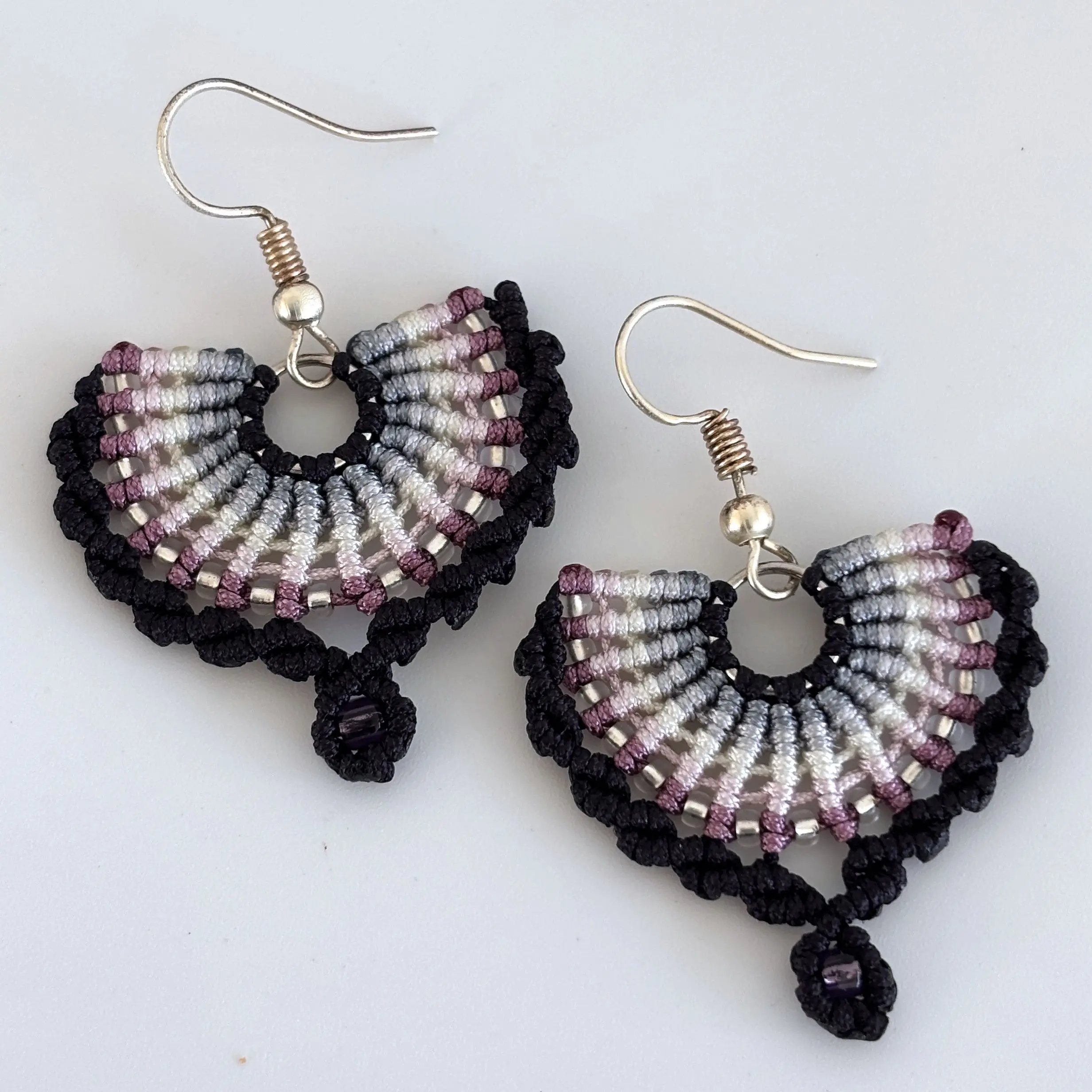Macrame Fan Drop Earrings - Black with Silver-Lined Seed Beads and Amethyst Bead Drop