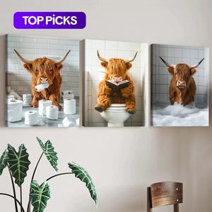 highland cow pattern canvas framed painting, 3 counts modern wall art painting, wall art decor for home interior living room bedroom office, ornaments, indoor decoration