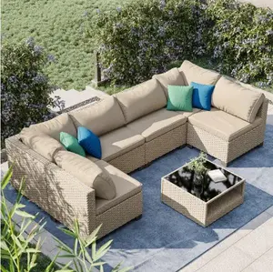 Patio Furniture 7-Piece Set - All-Weather Modular Sofa with Storage Table