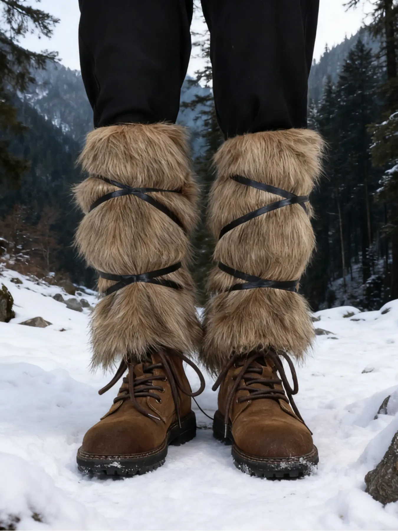 Medieval Viking Role Play Faux Fur Leggings, Warm Windproof Leg Warmers, Unique Fur Look and Strap Design, Vintage Outdoor Adventure Style, Aesthetic, for Women