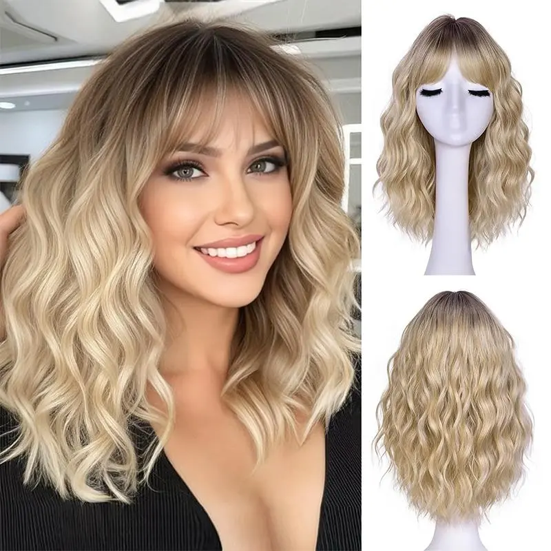 Ombre Blonde Color Synthetic Wig For Women 14 Inch Wavy Hair For Daily Life Long Wavy Wig No Glue Wig