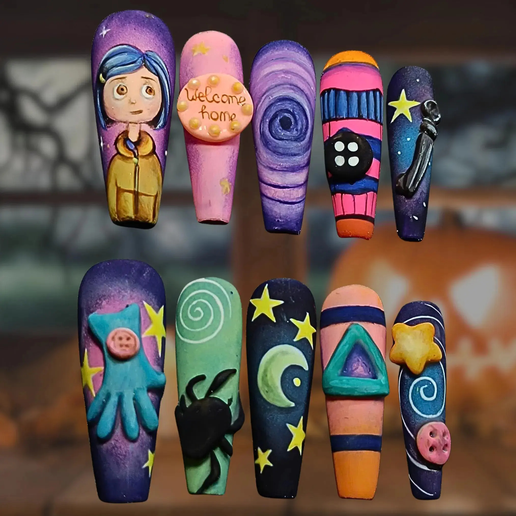 Creepy Cute Cartoon Press On Nails, Handmade 3D Starry Night Nails, Halloween Nail Art, Unique Spooky Nail Set