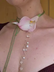 Designer Handmade Lily Necklace, Women's Crystal Pearl Tassel Pendant, French Elegance Floral Decor, Bohemian Style, Perfect for Parties