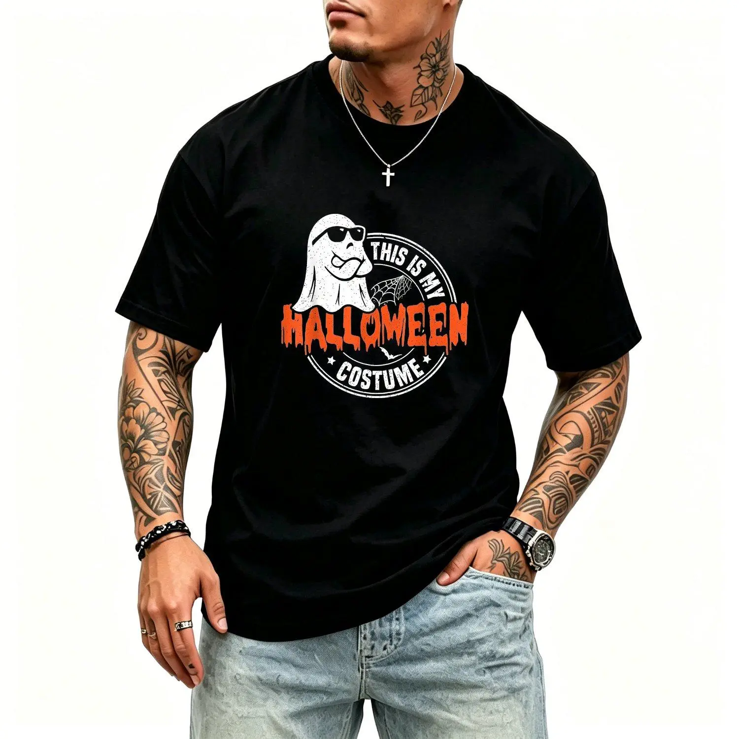 Men's Short Sleeve Sports T Shirts This Is My Halloween Costume Funny Retro Casual Crew Neck Printed Athletic Tee with Unique Holiday Graphic Design