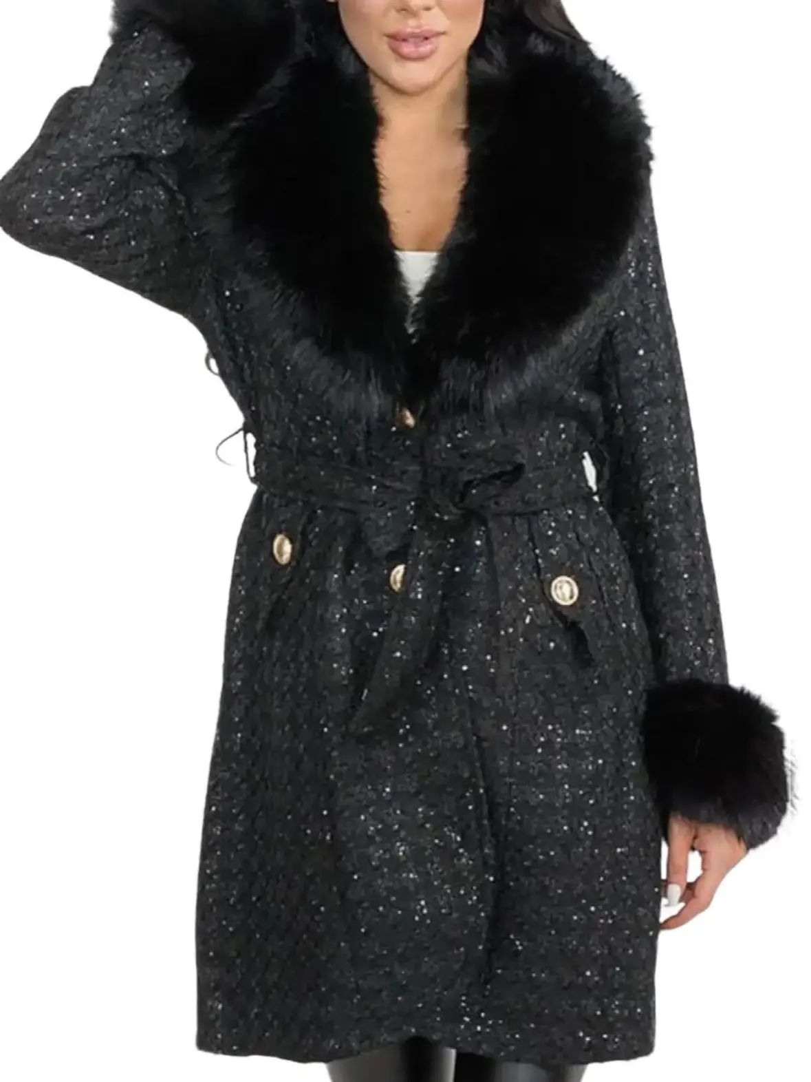 Elegant Removable Collar Tweed Coat with Sequins Detail Trim & Button Closure for Women's Fashionable Long Sleeve Outdoors Fabric Faux Fur Trim