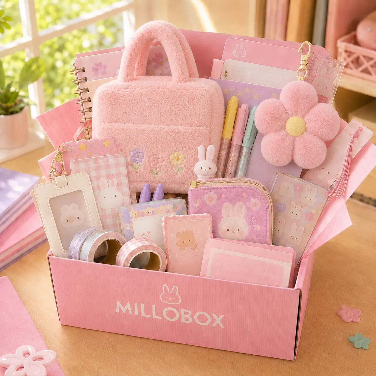 Mini Scoop Box, Assorted Cute Stationery and Everyday Accessories Gift Set with Pens, Stickers, Notepads, Keychains and Small Pouches for Birthday and Holiday Gifting