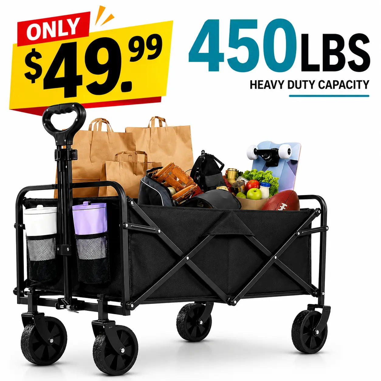 CargoRoll™ Heavy-Duty Folding Utility Wagon Cart - All-Terrain 360° Wheels, Large Capacity Collapsible Trolley with Cup Holders for Camping, Beach