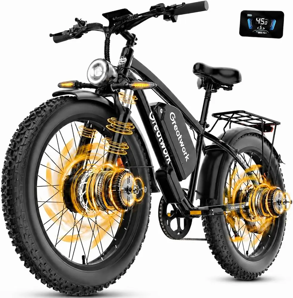 GREAT WORK Adult Electric Bike, 5000W Peak Dual Motor, 1300Wh Battery, 45MPH Max Speed, 100 mi Range, 26"x4.0 Fat Tire, 7-Speed, Dual Hydraulic Brakes, Suspension Mountain & Commuter Bike