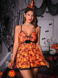 Halloween Sexy Pumpkin Lace Mesh Dress Set, Includes Underwear & Hat, Fitted Design, Thin Fabric, Perfect for Spring & Fall