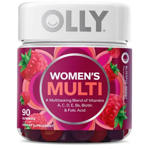 OLLY Women's Daily Multivitamin Gummy Dietary Supplement - Edible Vitamin, Dye-Free, Chewable, with Vitamins A,D,C,E,Biotin,Folic Acid - 2 Chews Daily, Blissful Berry, 90 Gummies, 45 Servings, Selfcare, Antioxidant Support