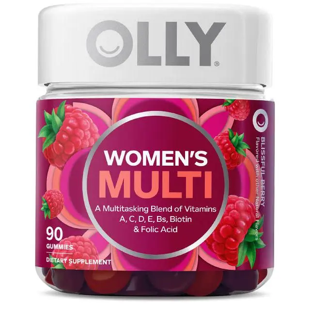 OLLY Women's Daily Multivitamin Gummy Dietary Supplement - Edible Vitamin, Dye-Free, Chewable, with Vitamins A,D,C,E,Biotin,Folic Acid - 2 Chews Daily, Blissful Berry, 90 Gummies, 45 Servings, Selfcare, Antioxidant Support