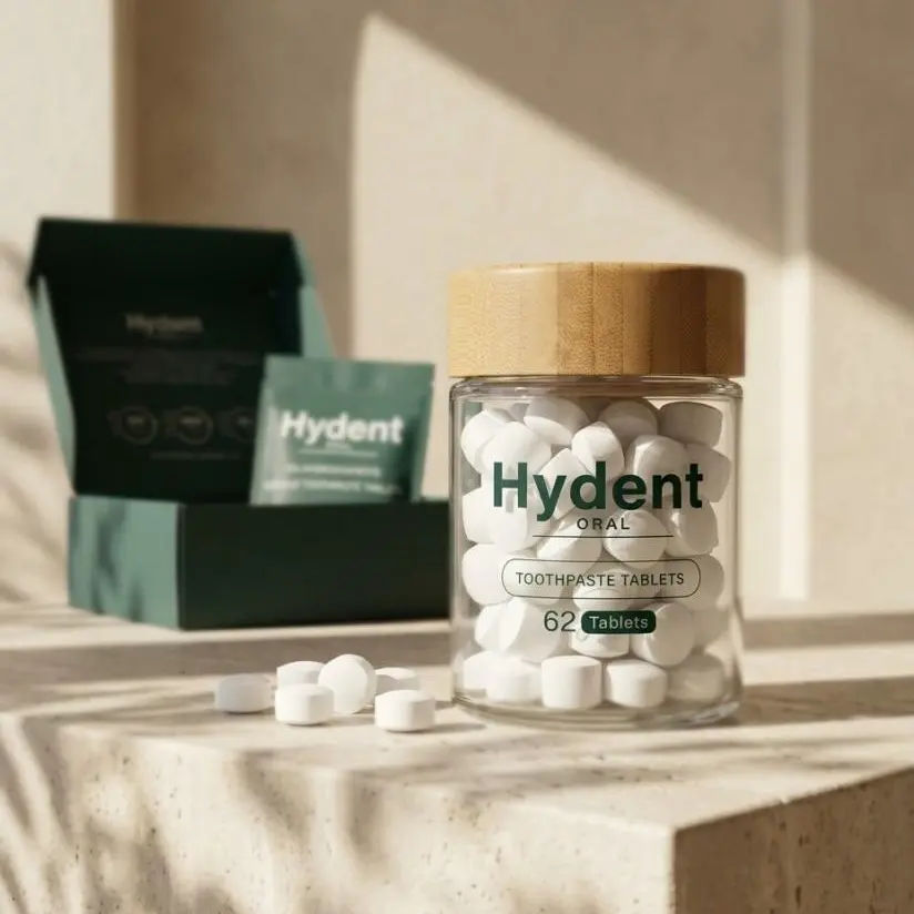 Hydent Oral Fluoride-Free Toothpaste Tablets with Nano-Hydroxyapatite | Refillable Glass Jar, 62 Tablets