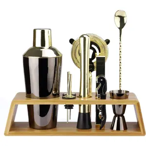 Arora 10pc Bar Tool Set w/Bamboo Display Stand - Black/Gold Color - 24oz Cobbler Cocktail Shaker, Muddler, Ice Tongs, Jigger, Strainer, 2 x Liquor Pourers, Waiter's Corkscrew (851067)