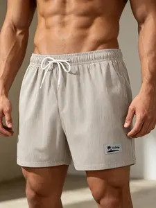 Men's Vertical Striped Casual Vacation Shorts Summer Holiday Beach Shorts with Coconut Tree Print Elastic Waist Quick Dry Pinstripe Drawstring Swim Trunks